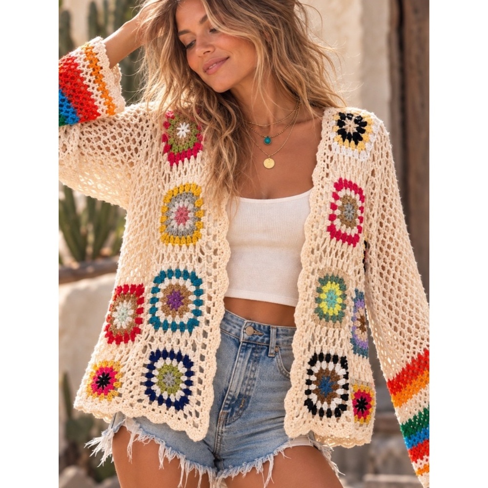 Cream Crochet Open Front Cardigan Sweater With Multicolor Granny Squares